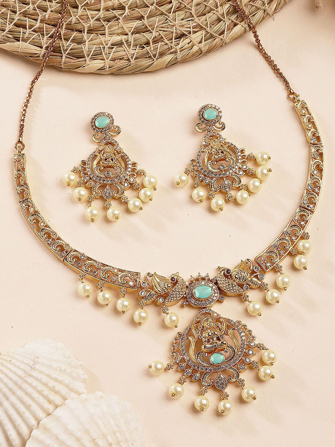 KARATCART Gold Plated Lime Green Stone Laxmi Mata Temple Necklace with Earring Set