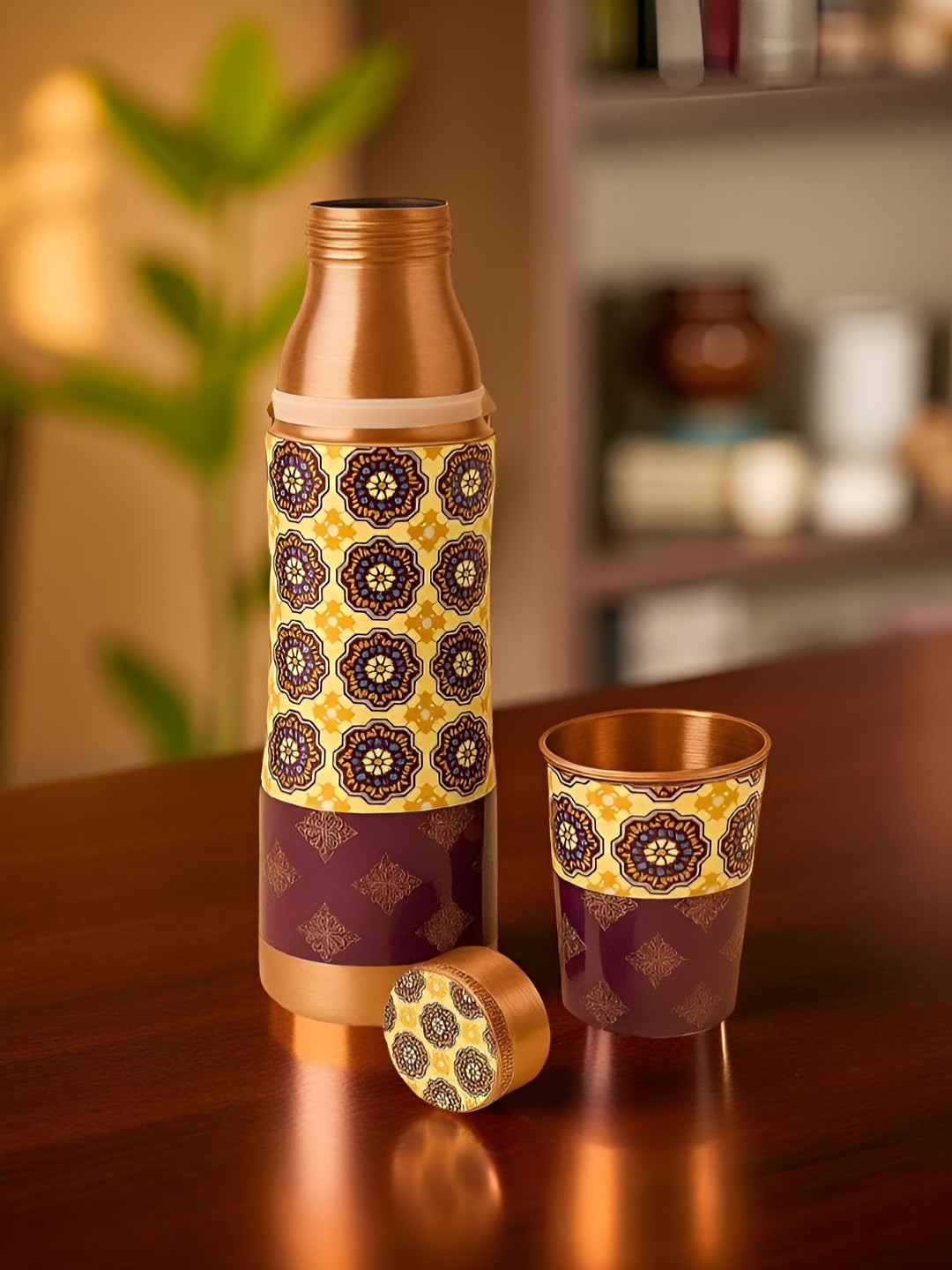 Lupaava Copper & Yellow Copper Floral Printed Water Bottle With Glass 750ml