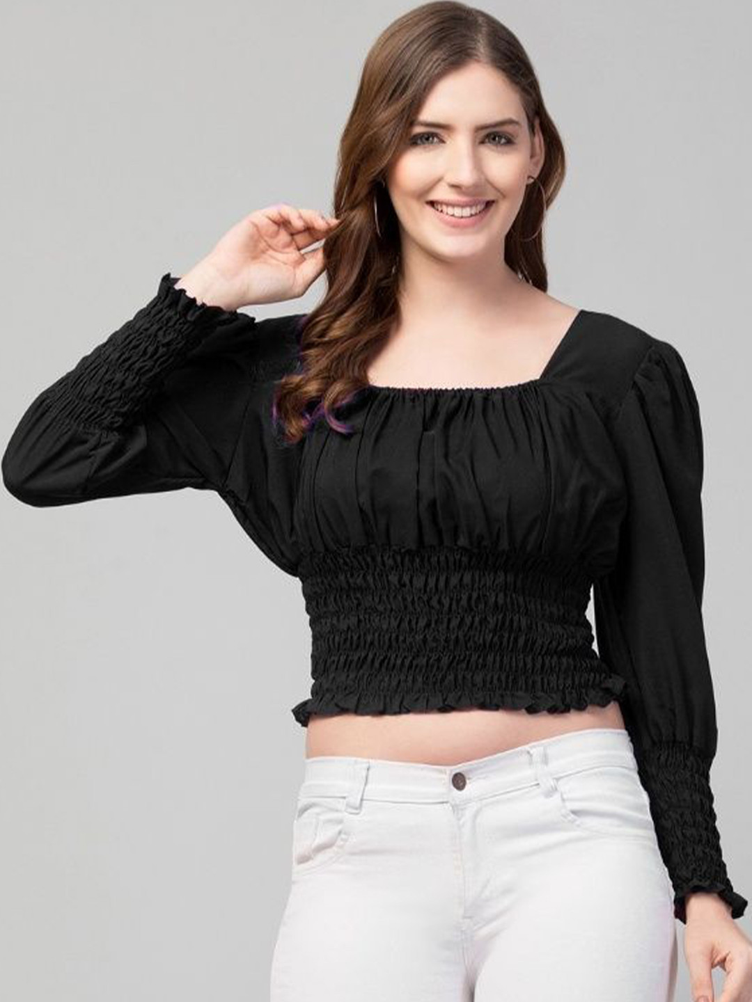 MEDHA INDUSTRIES Women Puff Sleeve Smocked Crop Top