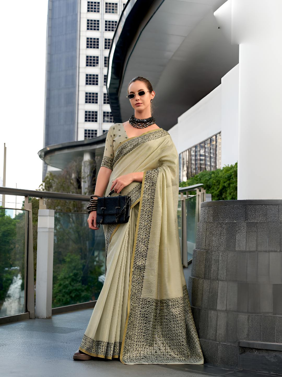 KIMISHA Printed Border Tissue Saree with Blouse Piece