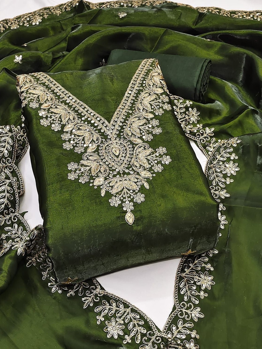 Green JimmyChoo Silk With Sequence Embroidery Work Unstitched Dress Material