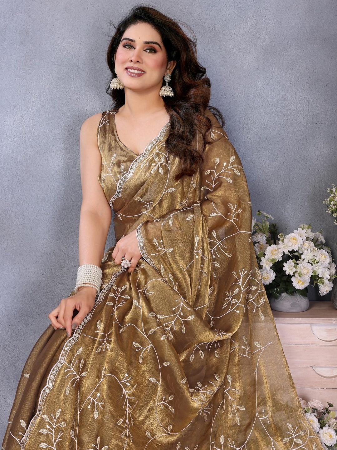 Mitera Floral Embroidered Jimmy Choo Satin Saree