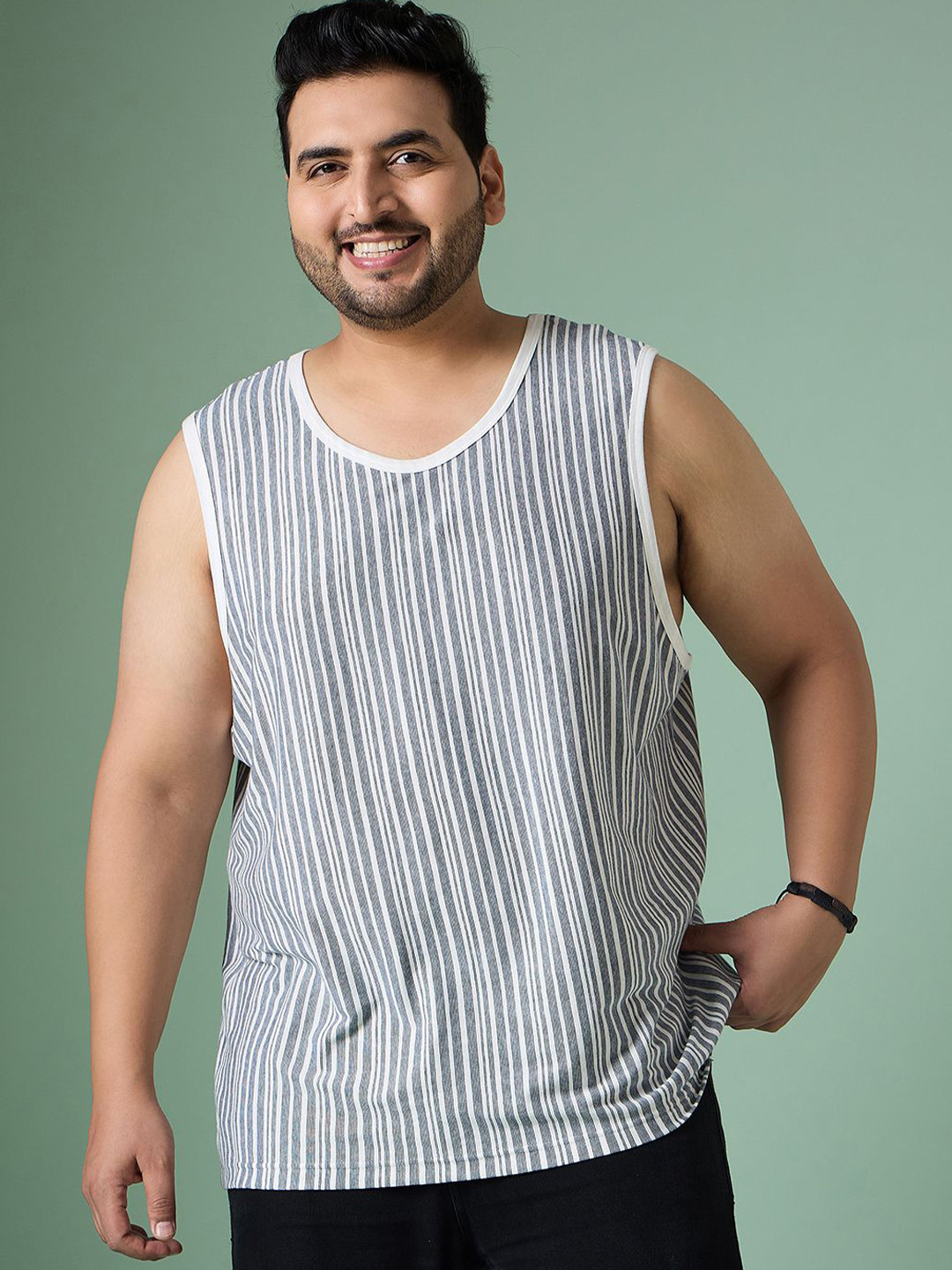 bigbanana Men Plus Size White Striped Sleeveless Innerwear Vest
