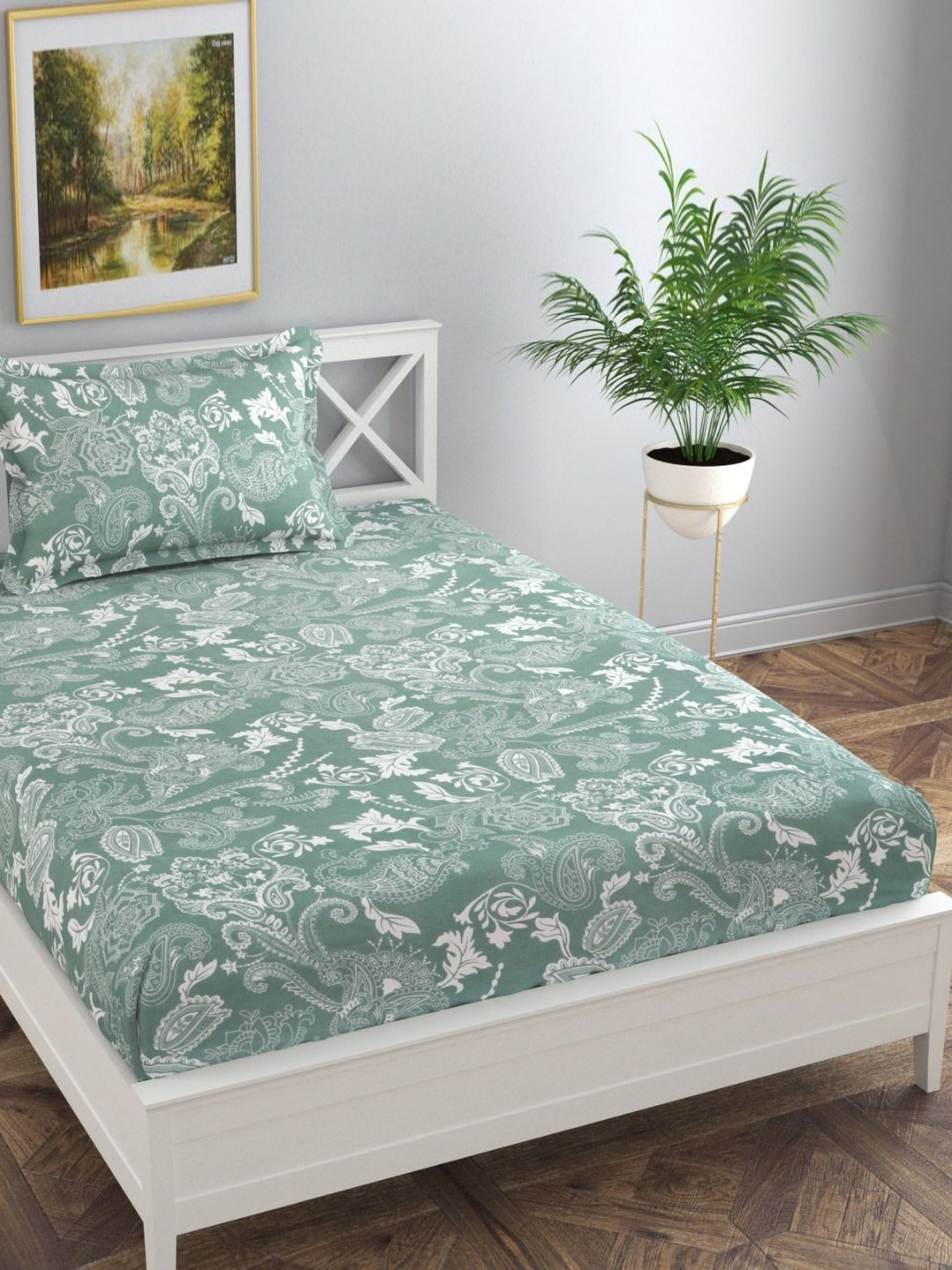 Florida Green & White 130 TC Floral Printed Single Bedsheet - 1.55 m x 2.28 m