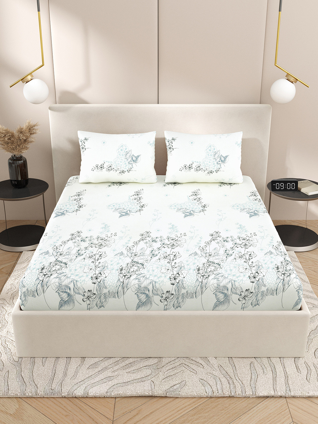 Jaipur Weaves Exotica Fitted Cream Floral Cotton 240 TC Fitted King Fine Bedsheet with 2 Pillow Covers-108 x 108 inches