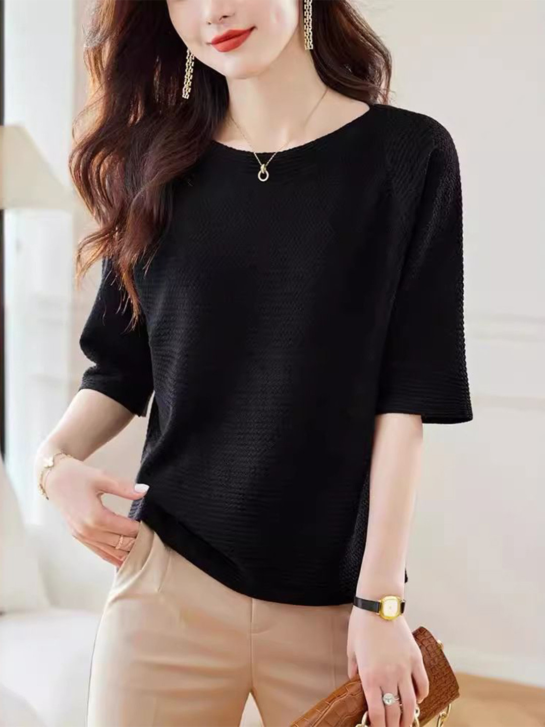 StyleCast Women Black Textured Knit Top