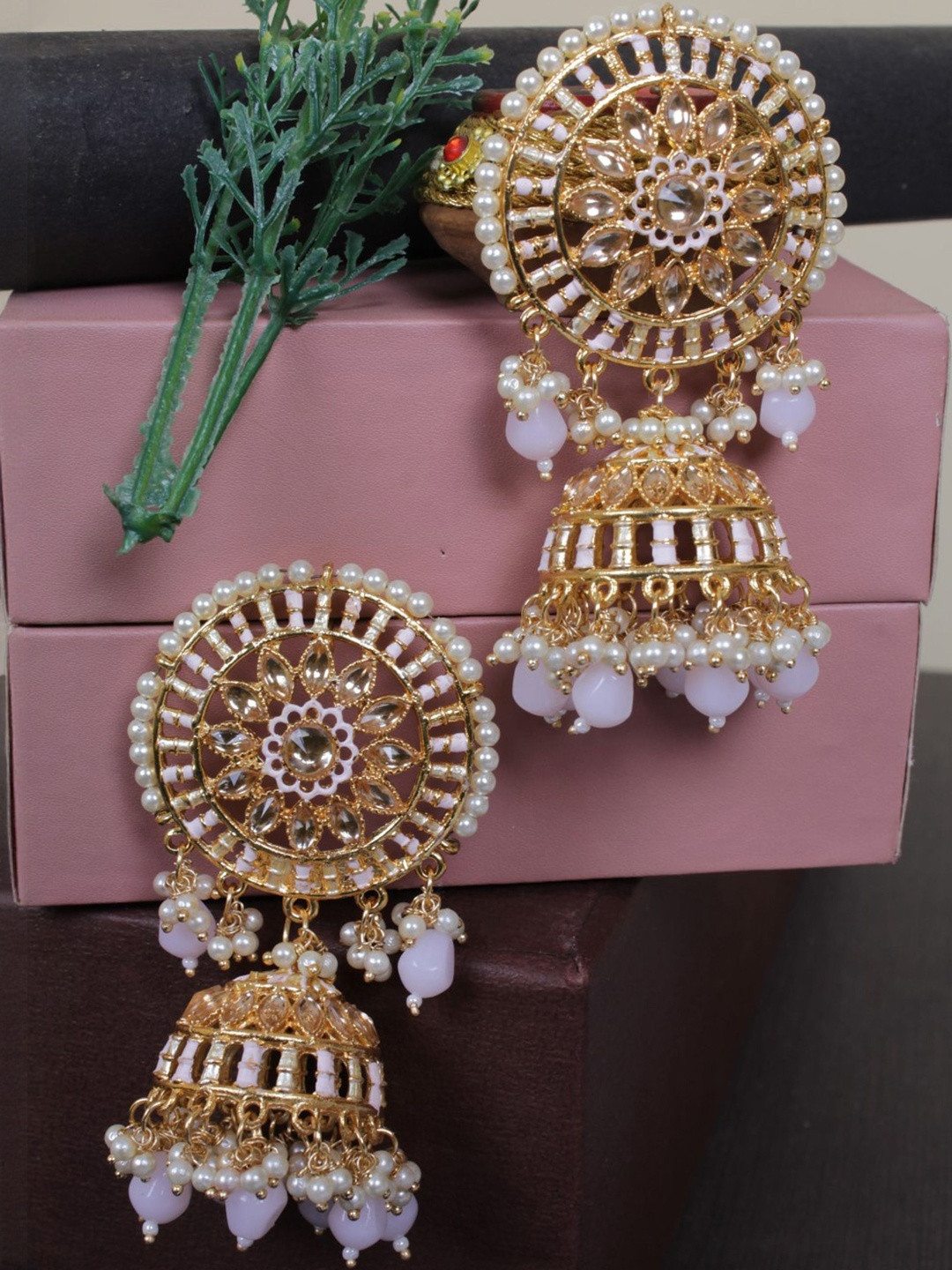 Gold-Plated Kundan Jhumka Earrings with Pearl Beads