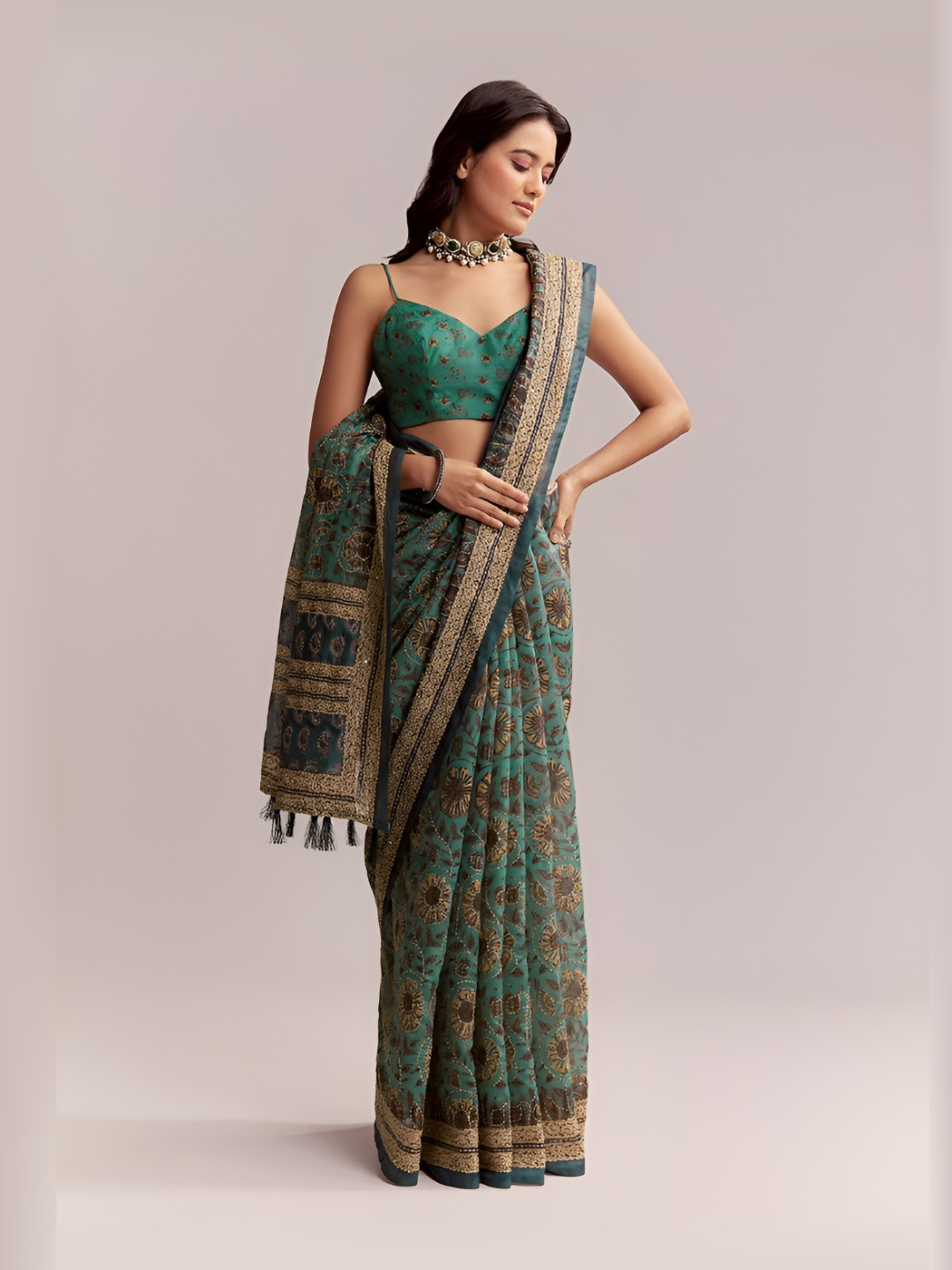 KALKI Fashion Ajrak Kantha Work Saree