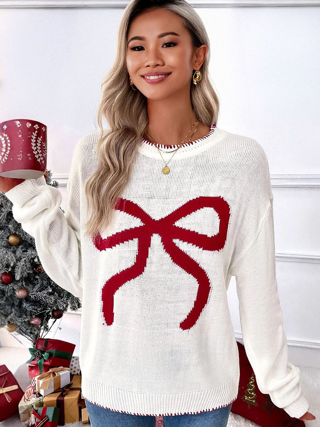 StyleCast Women Bow Printed Round Neck Pullover Sweaters