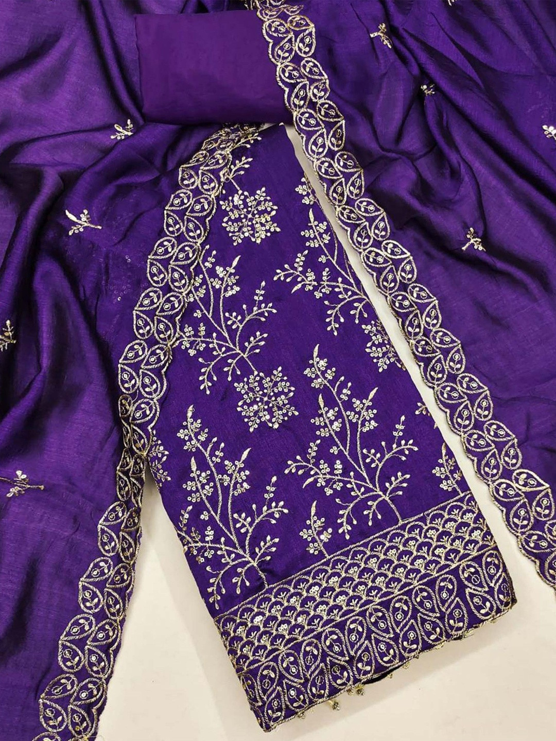 Violet Sequins and Thread Embroidery Unstitched Vichitra Silk Dress Material