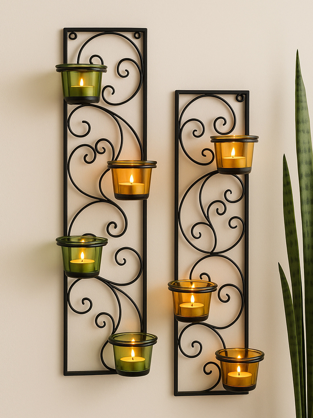 Homesake Green & Yellow Tealight Candle Holders with 8 Glass Cups