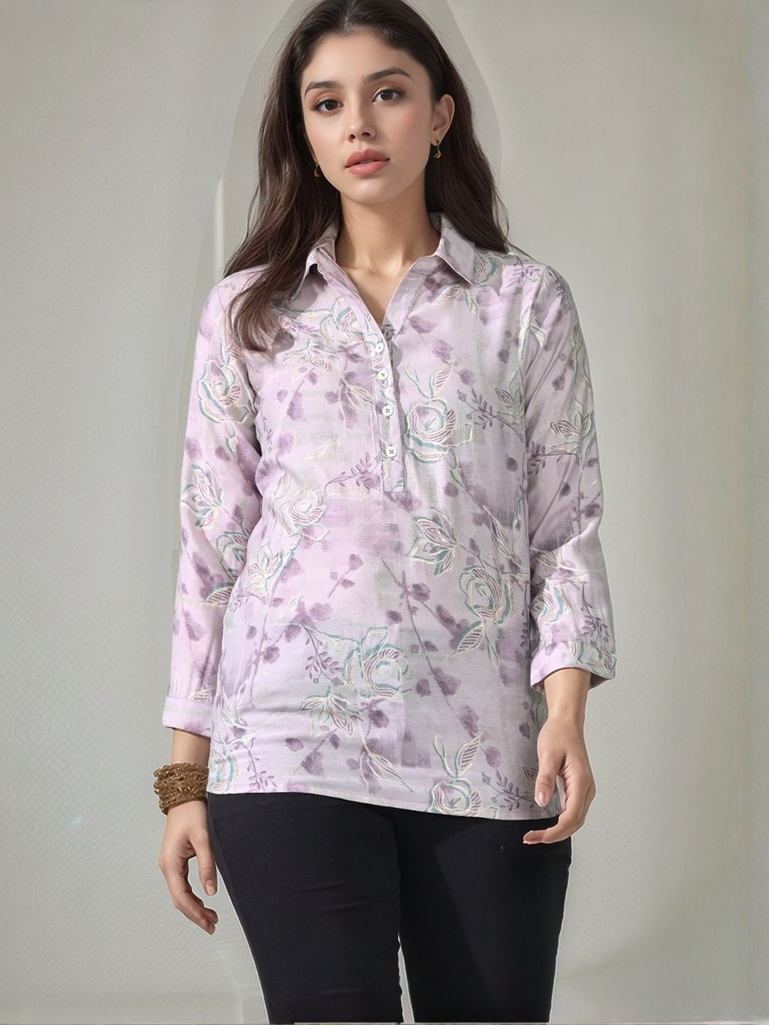 Roadster Women Poly Silk Lavender Floral Print Top With Bell sleeve