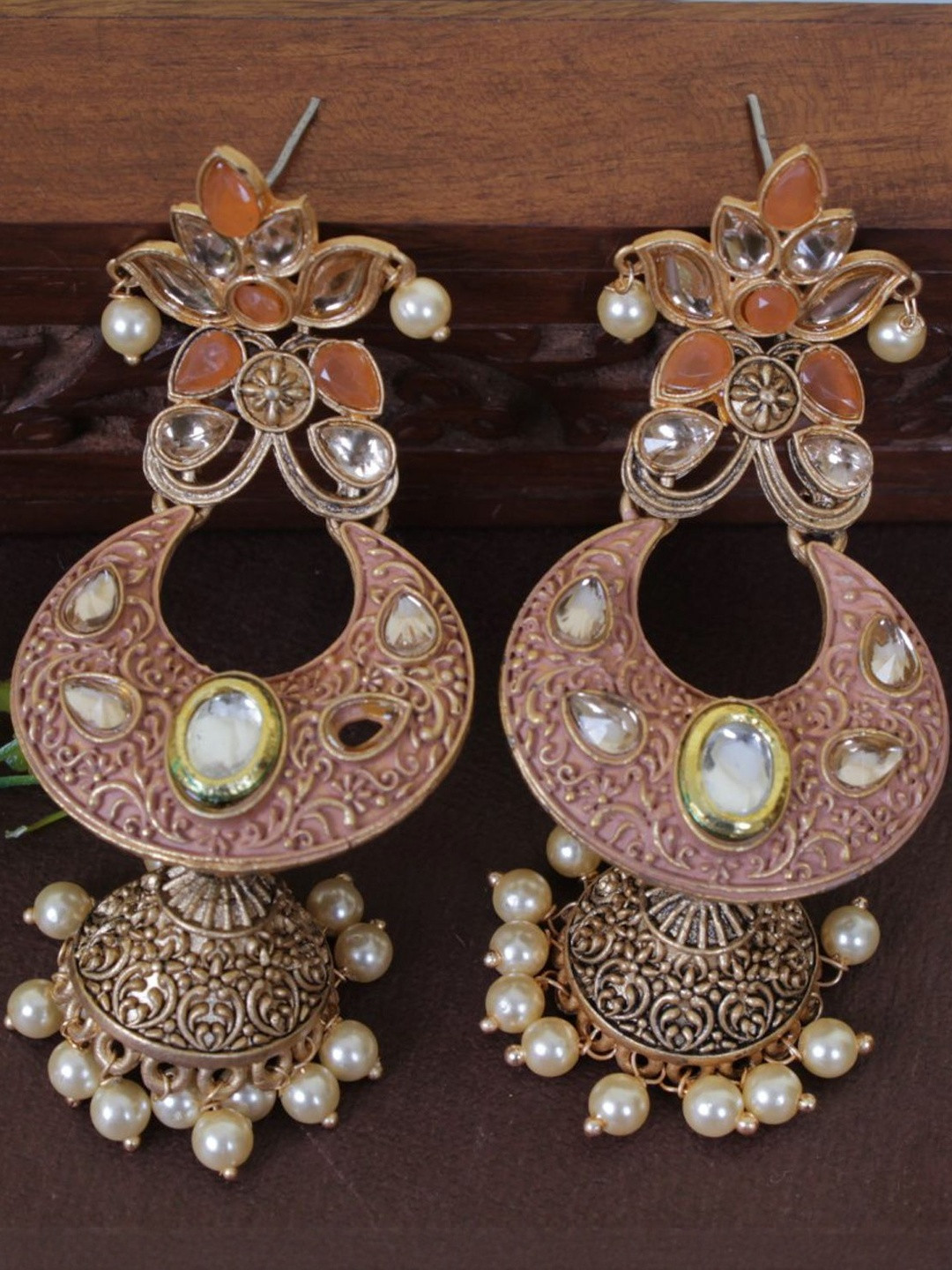 Peach MEENKARI LONG CHANDBALI EARRING