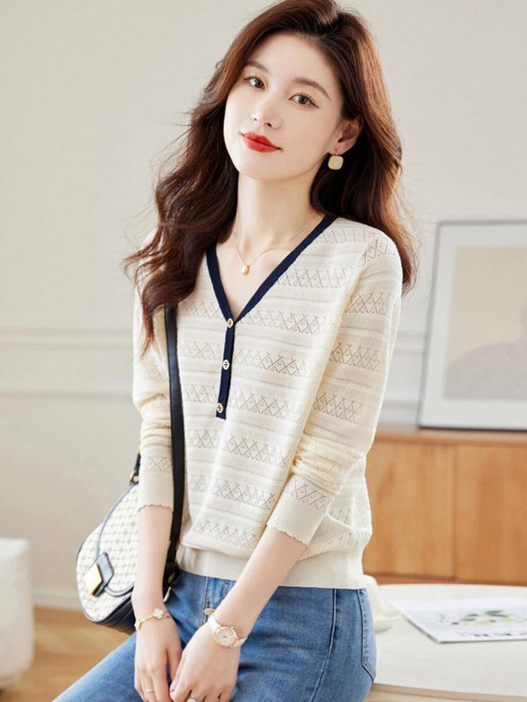 StyleCast V-Neck Cotton Top with Eyelet Detail