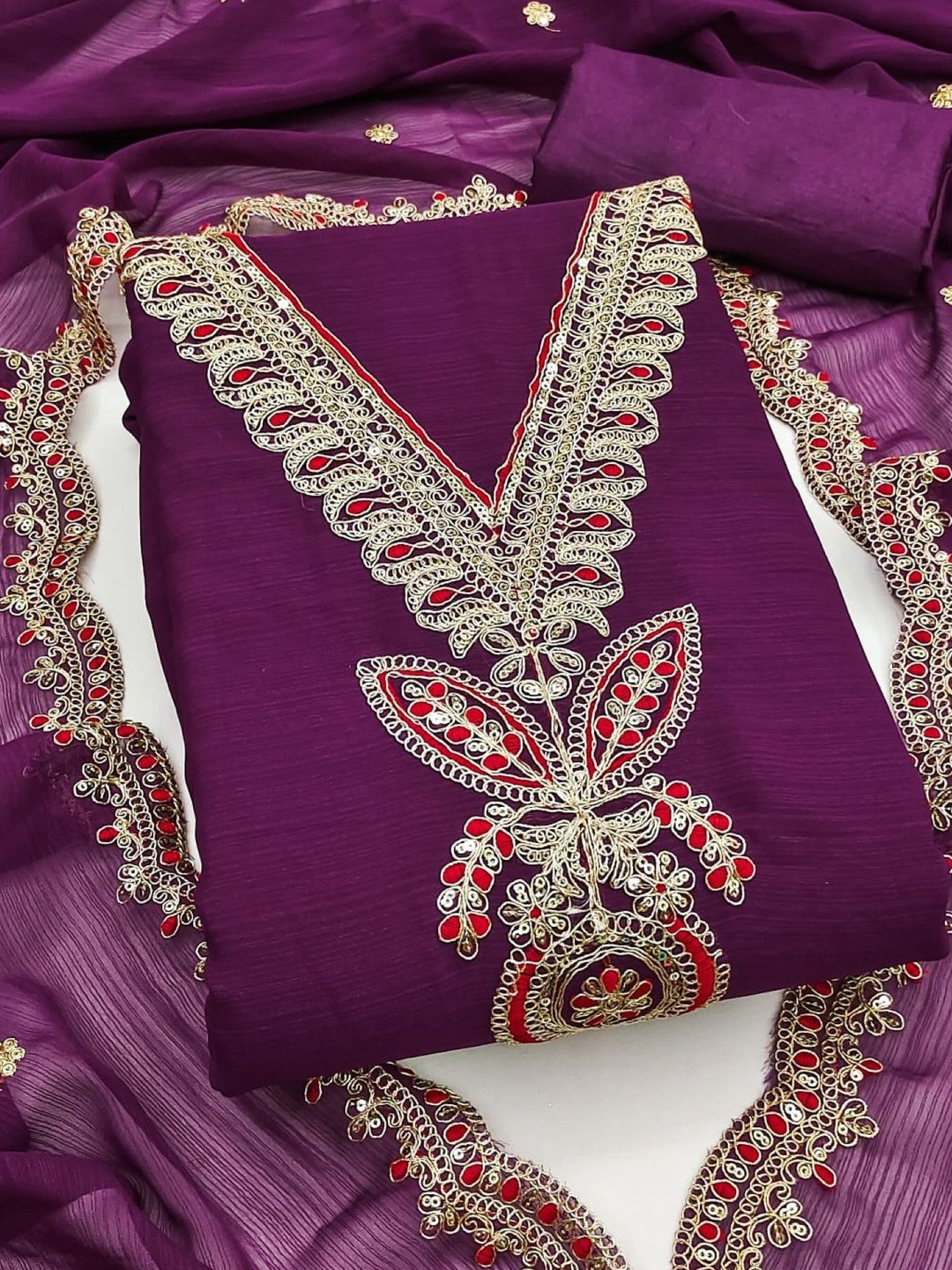 Purple Soft Silk Sequence Embroidery Work Unstitched Dress Material