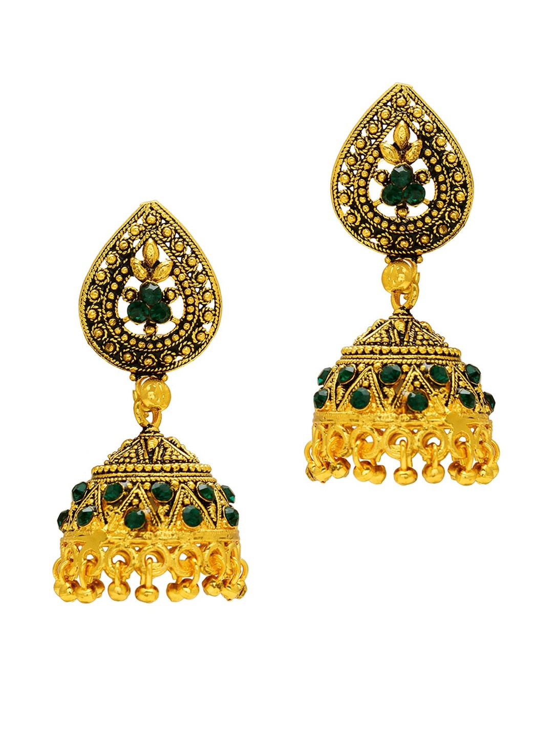 Gold Plated Antique finish Green CZ studded Ethnic Jhumki for Women