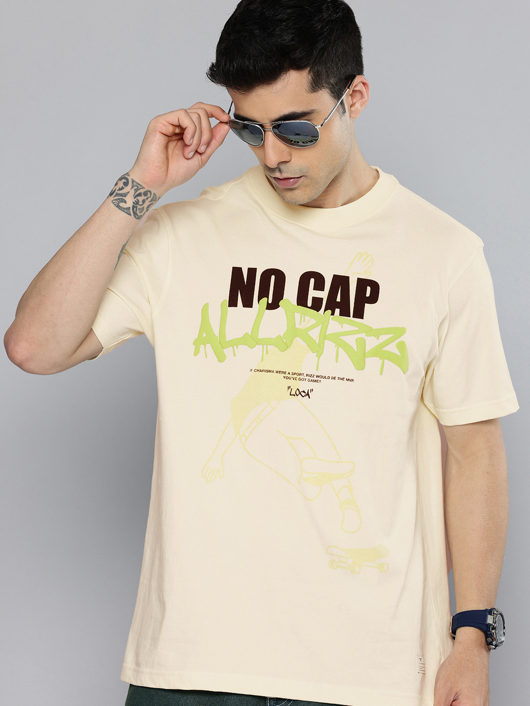 Flying Machine Typography Printed Drop-Shoulder Sleeves Pure Cotton T-shirt
