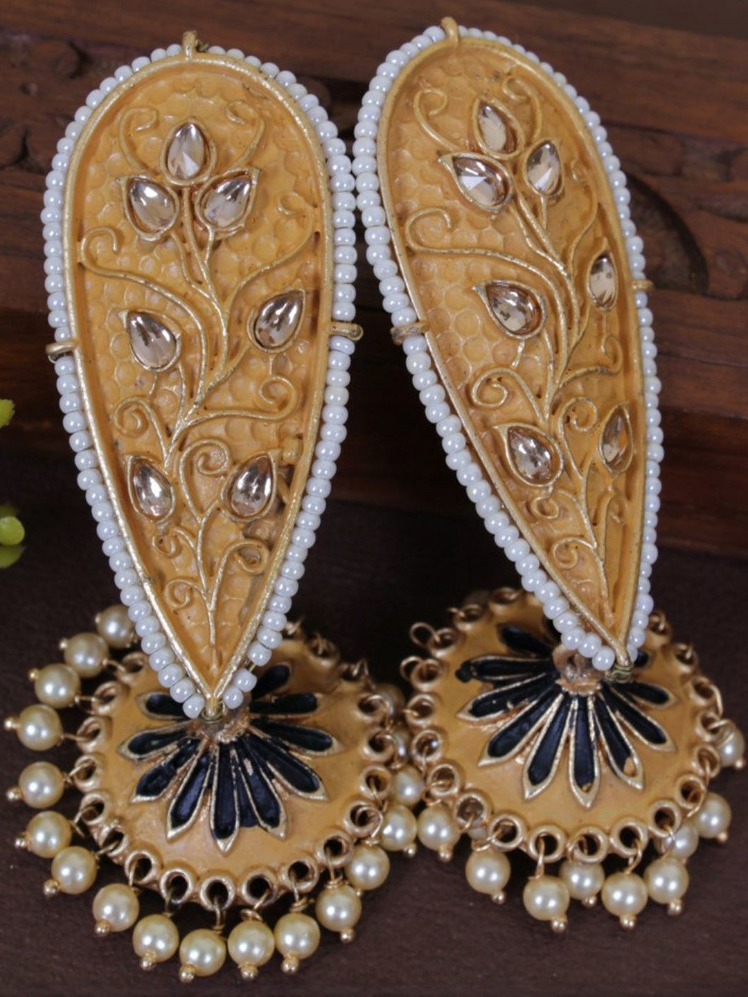 Ethnic Gold-Toned Kundan Pearl Jhumka Earrings with Black Enamel Work