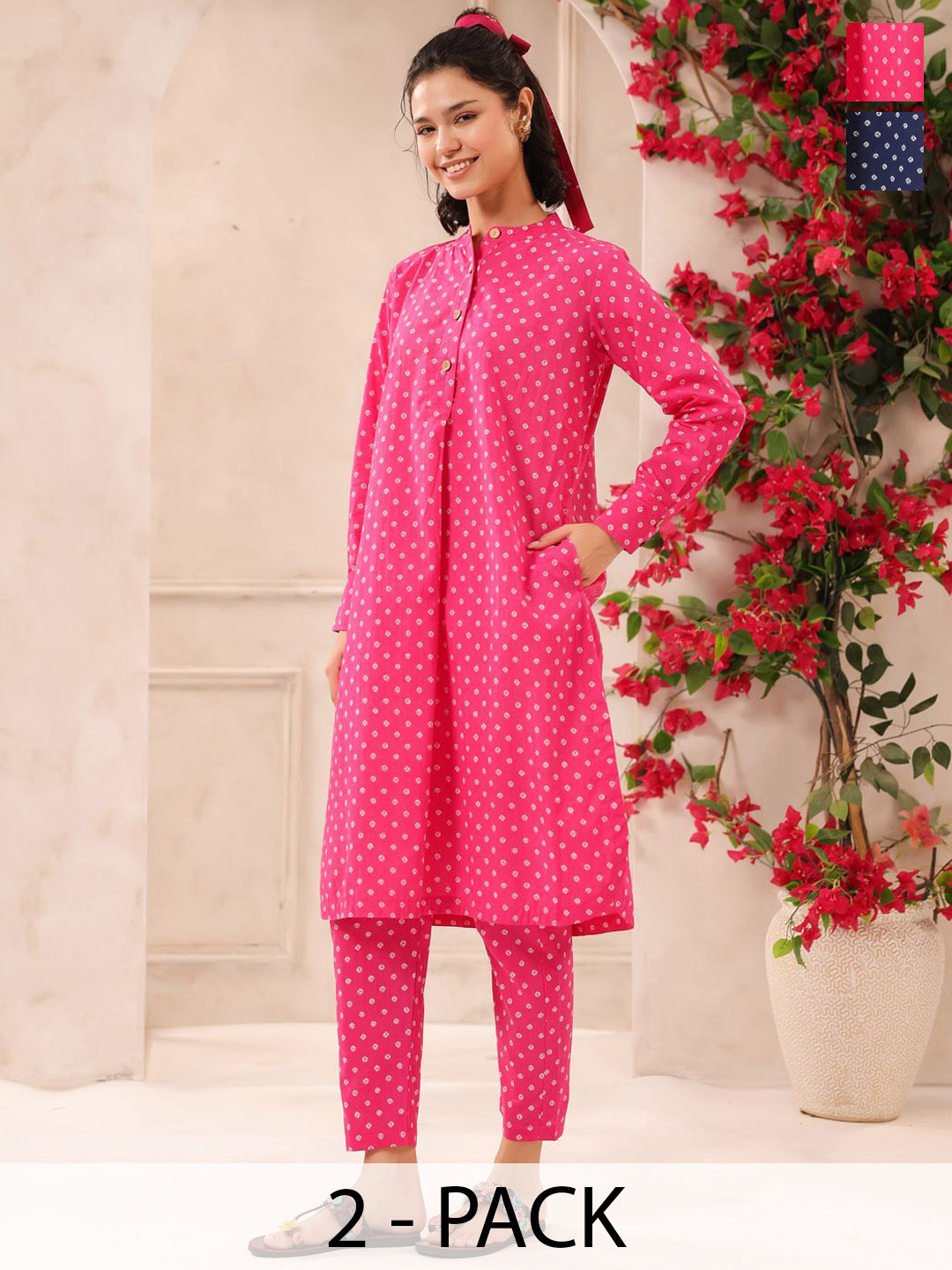 Jaipur Morni Women Bandhani Printed Mandarin Collar Pure Cotton A-Line Kurta with Palazzos