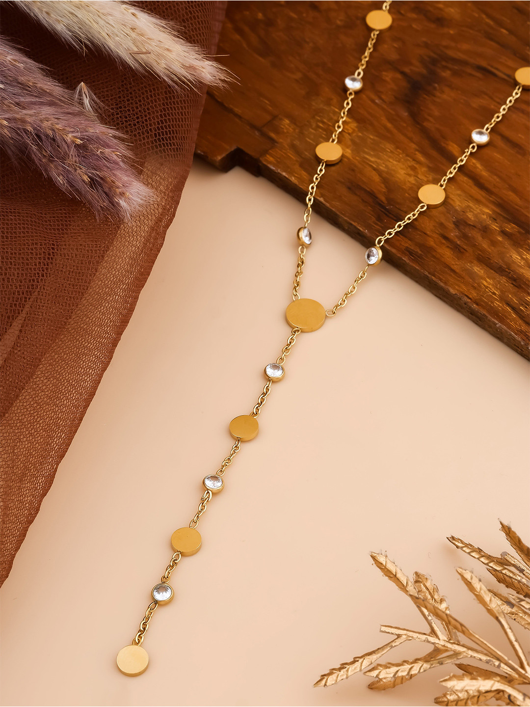 QUERALT Stainless Steel Brass-Plated Artificial Stones Studded Circular Statement Necklace