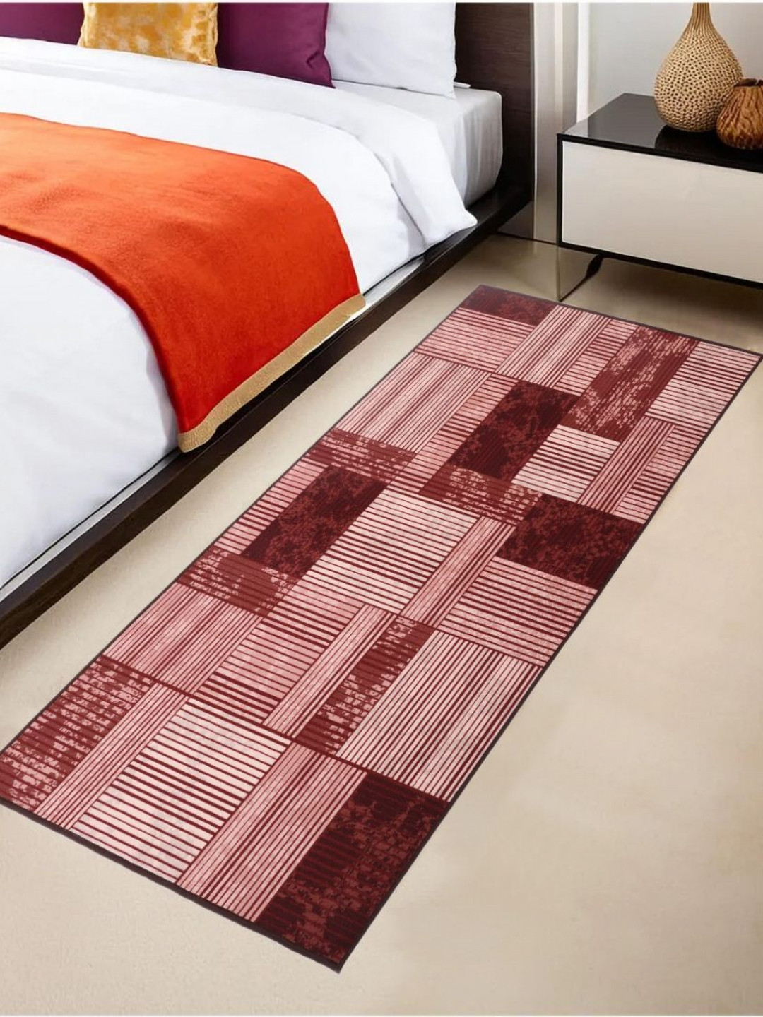 MODEFE Maroon & White Striped Anti-Skid Loop Pile Floor Runner