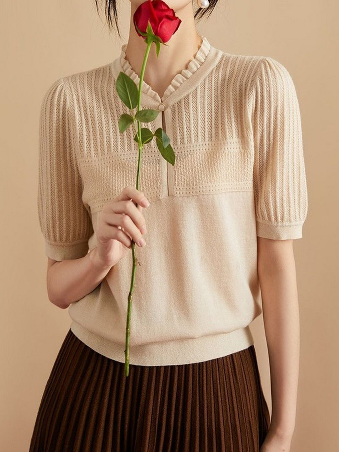 StyleCast Women Ruffles Collar Cotton Knit Top