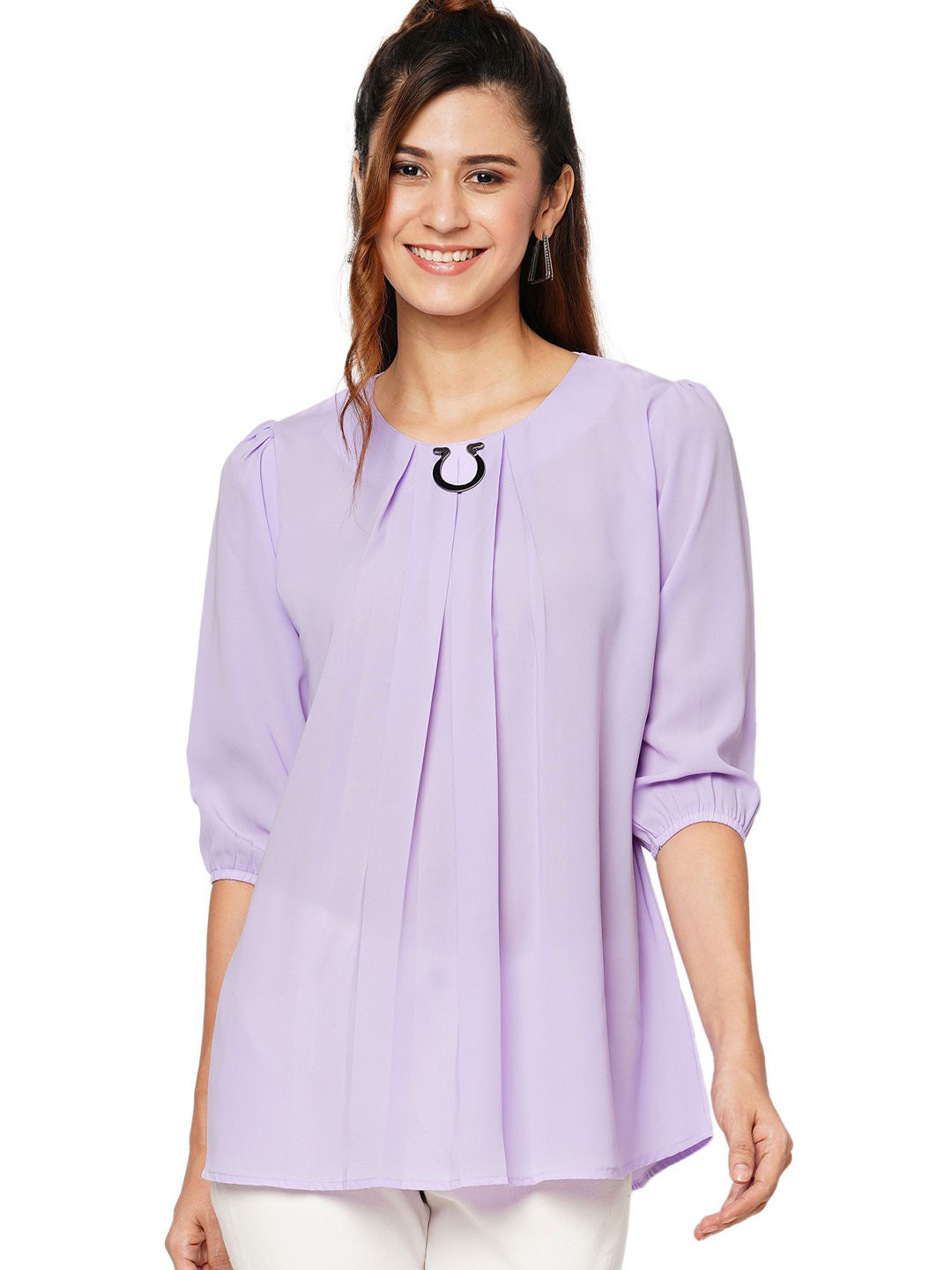 G0-4 IT Women Embellished Solid Front Pleats Puff Sleeve Top