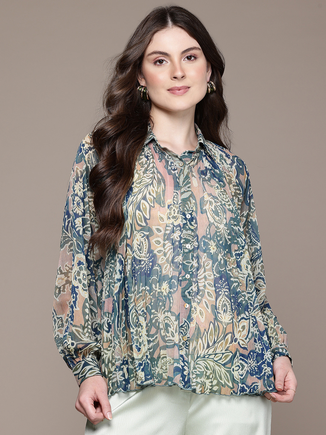 Label Ritu Kumar Abstract Print Band Collar Relaxed Fit Casual Shirt with Camisole