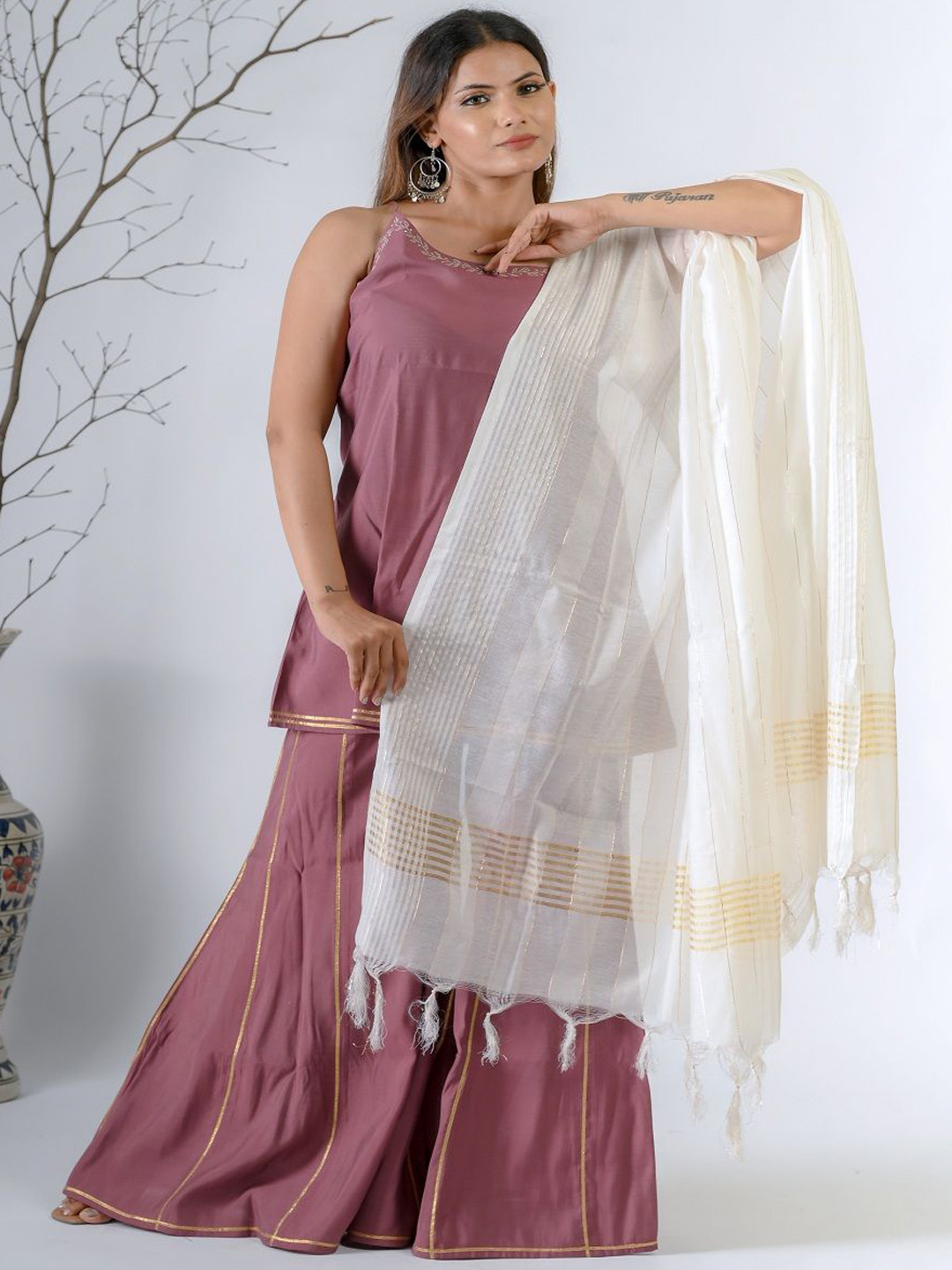 OOPNIK Women Solid Kurti with Sharara & Dupatta