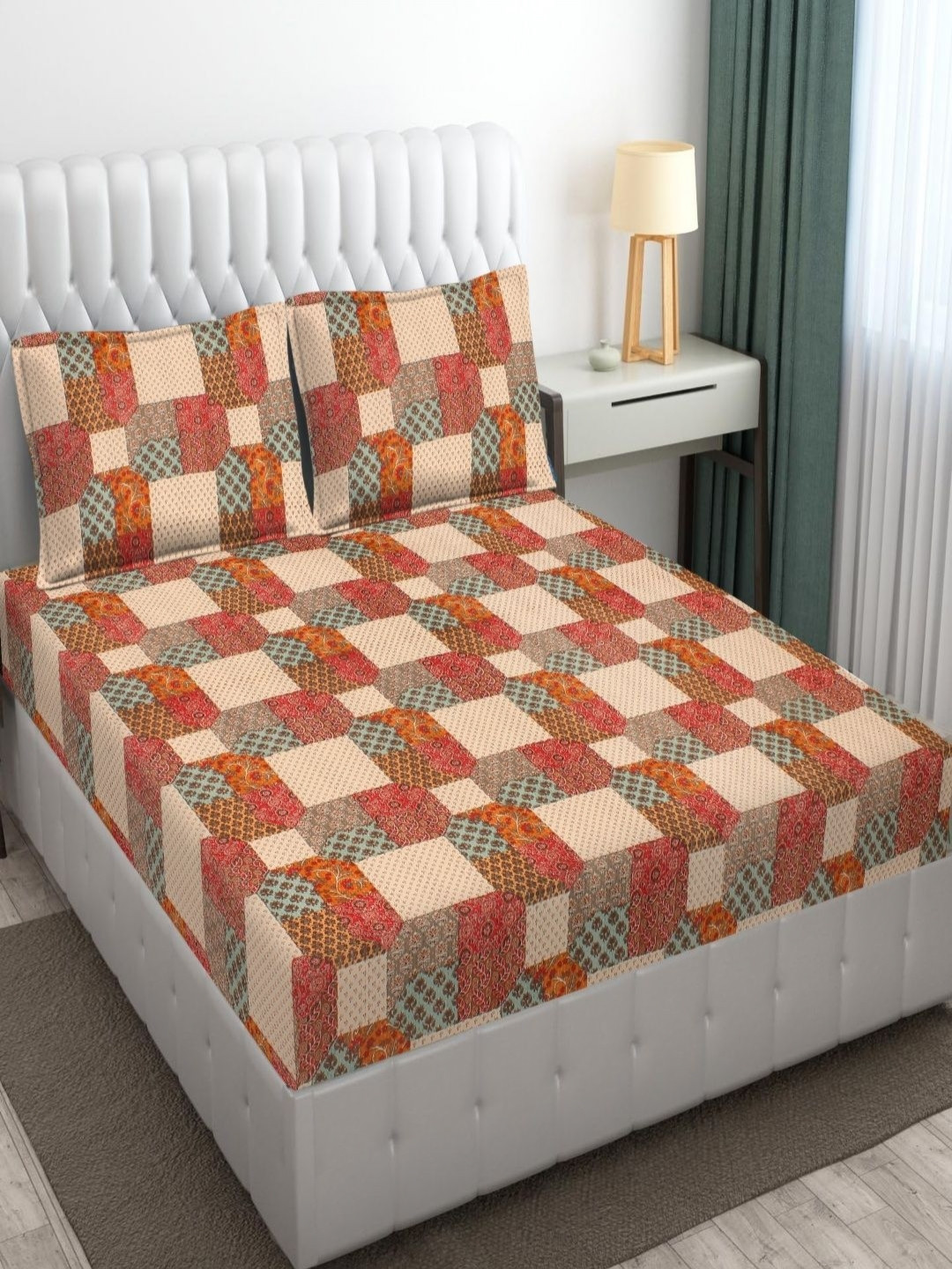 INDRA'S Blue & Orange Geometric Printed 120 TC Queen Bedsheet With 2 Pillow Covers