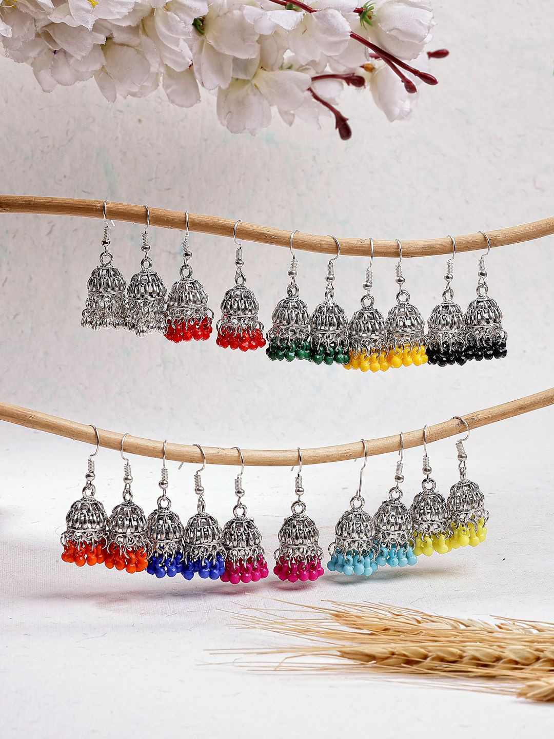 Sukkhi Set Of 10 Silver-Plated Oxidised Artificial Beaded Dome Jhumkas