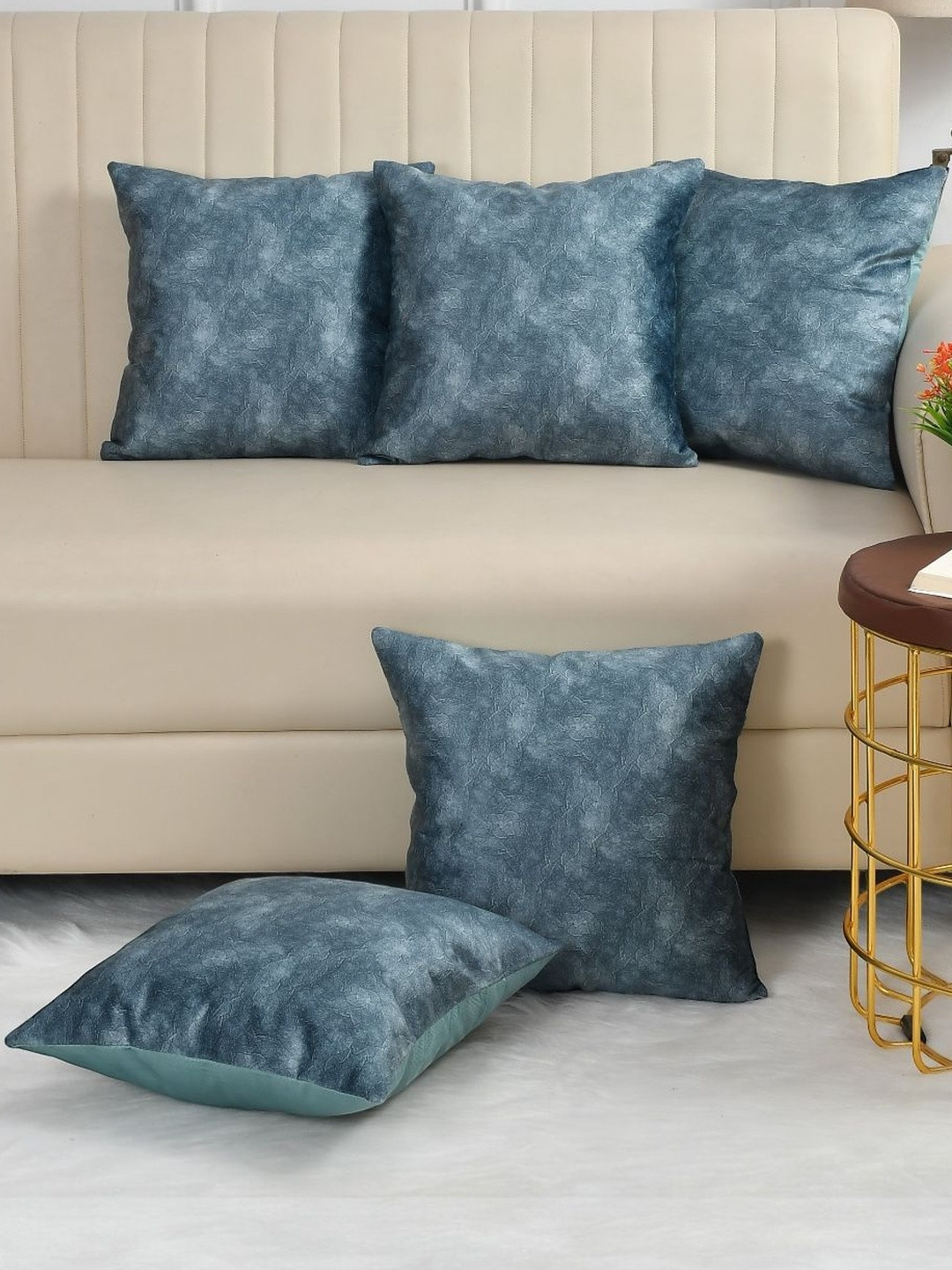 WISE HOME Turquoise Blue Set of 5 Velvet Solid Square Cushion Covers