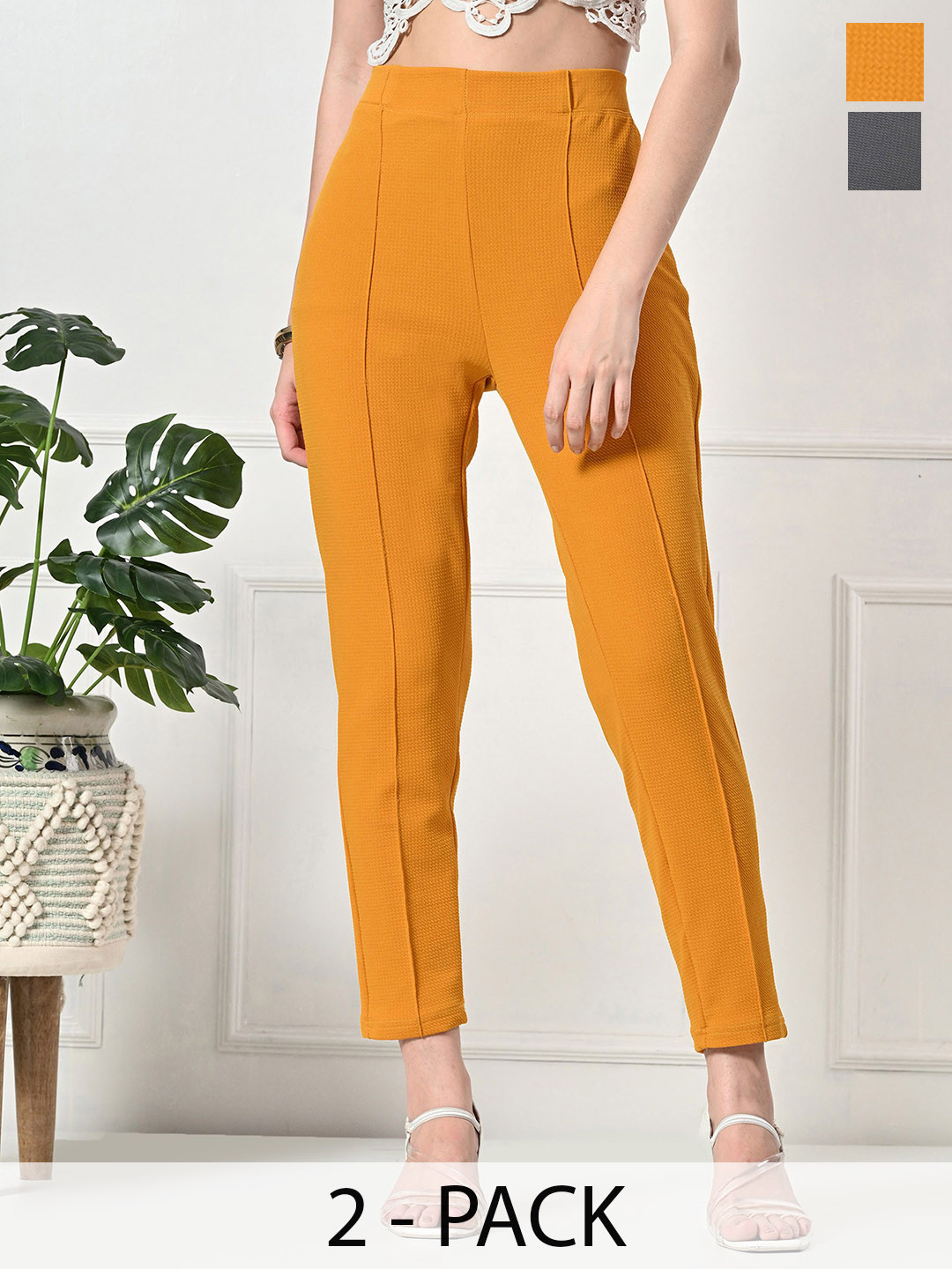 Brainbees Women Pack Of 2 Smart Skinny Fit High-Rise Cigarette Trousers