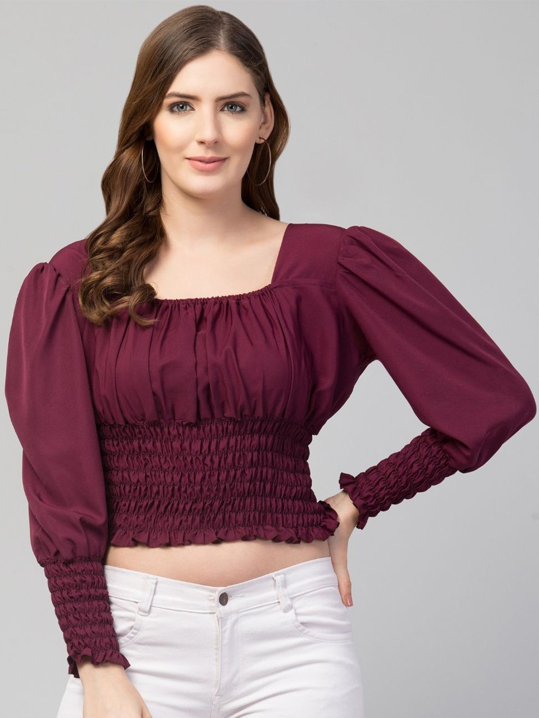 NIKKU FASHION Women Smocked Puff Sleeve Crop Top