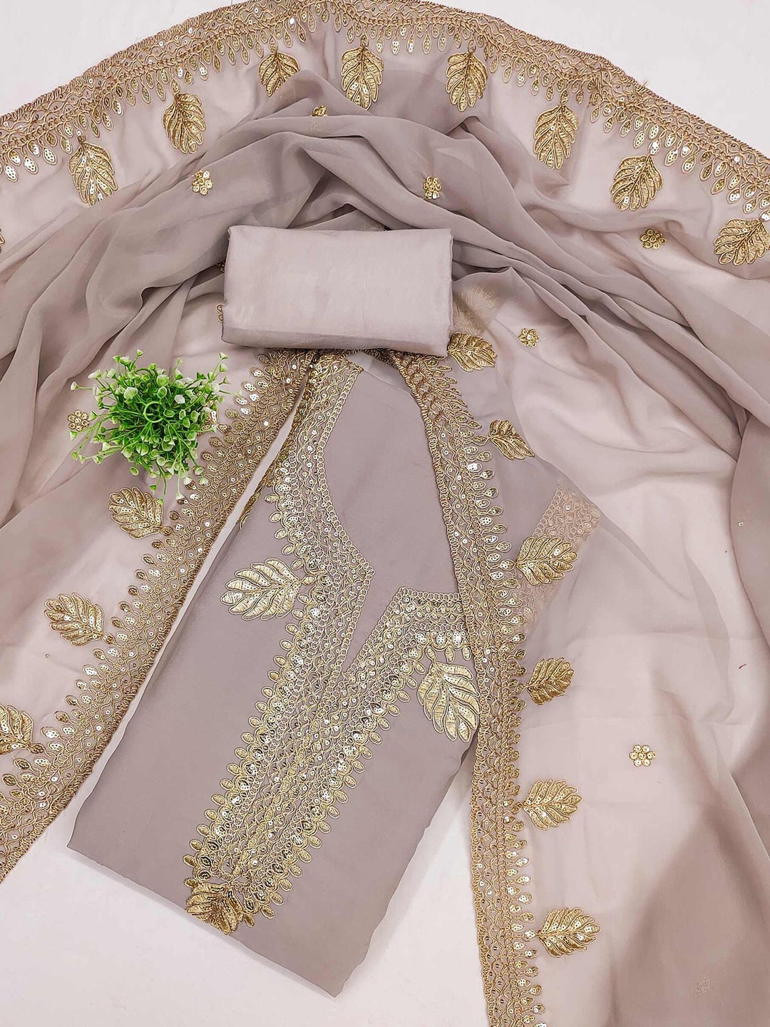 Taupe Beige Floral Embroidery and Embroidered Georgette Unstitched Dress Material