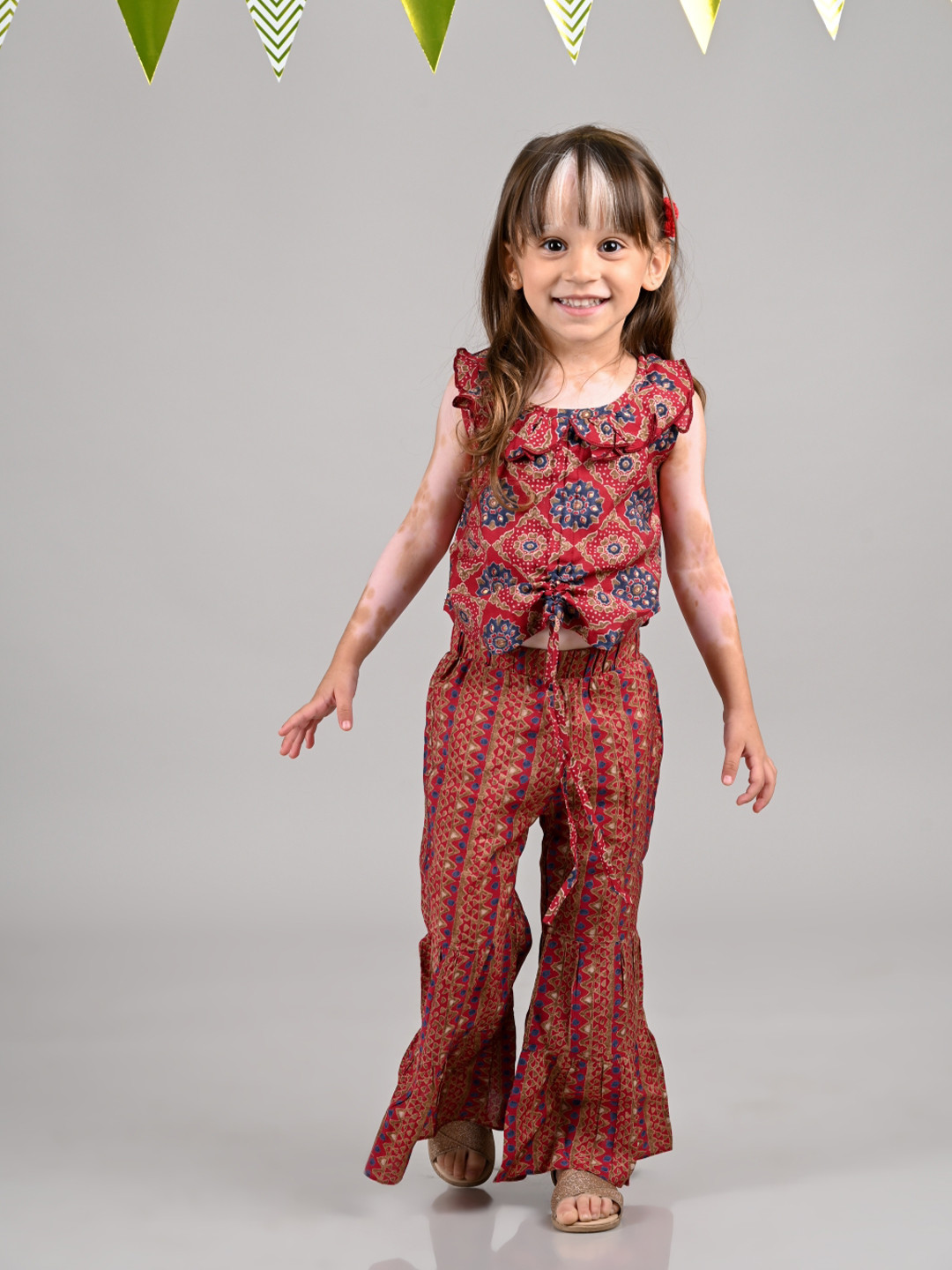 TALES & STORIES Girls Maroon & Black Printed Cotton Top with Sharara Clothing Set