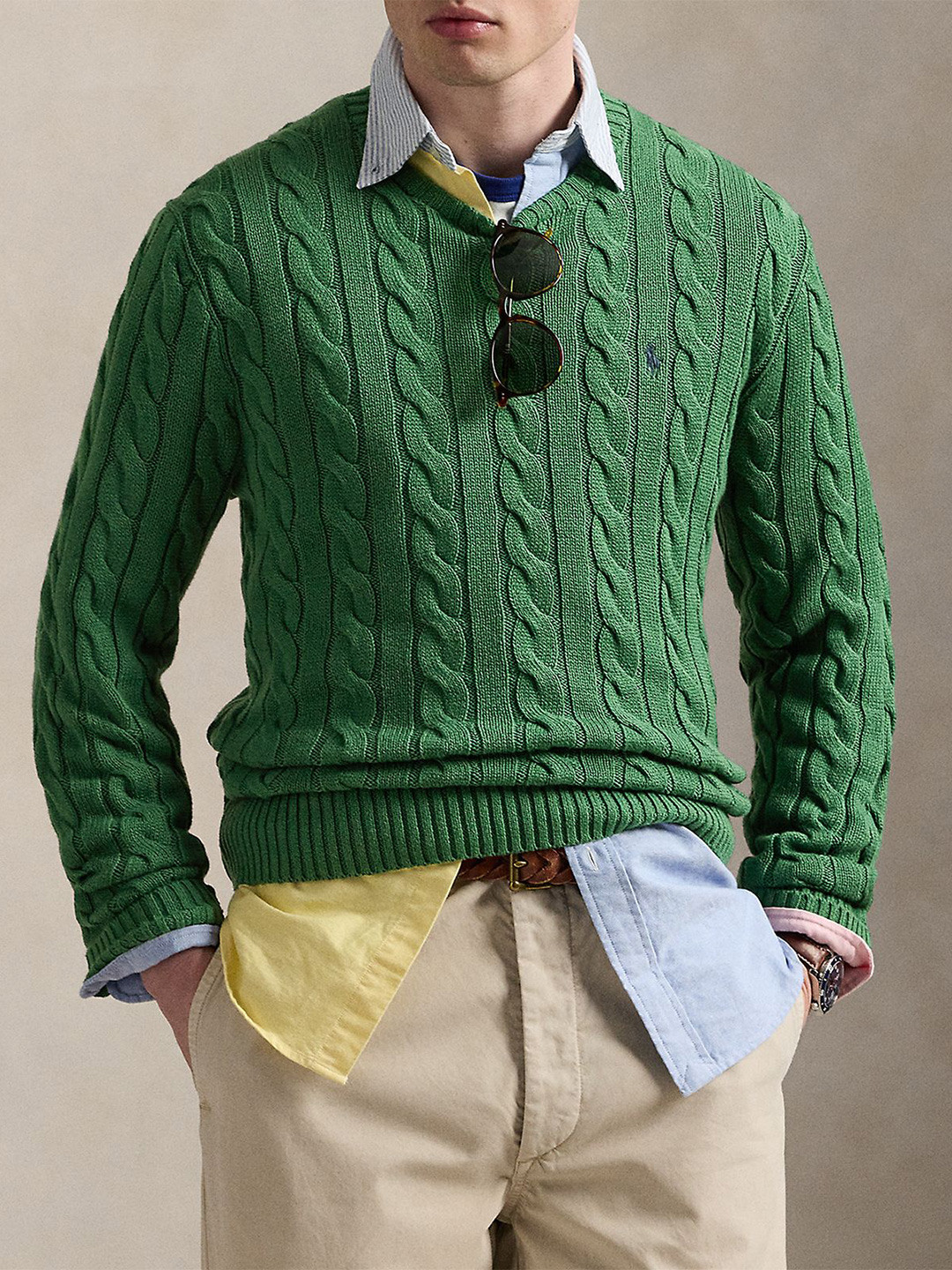 Polo Ralph Lauren Men Green Solid Cable-Knit Cotton Sweater