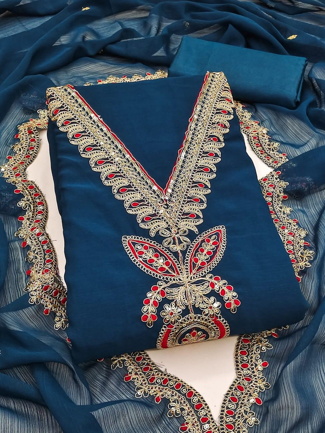 Blue Soft Silk Sequence Embroidery Work Unstitched Dress Material