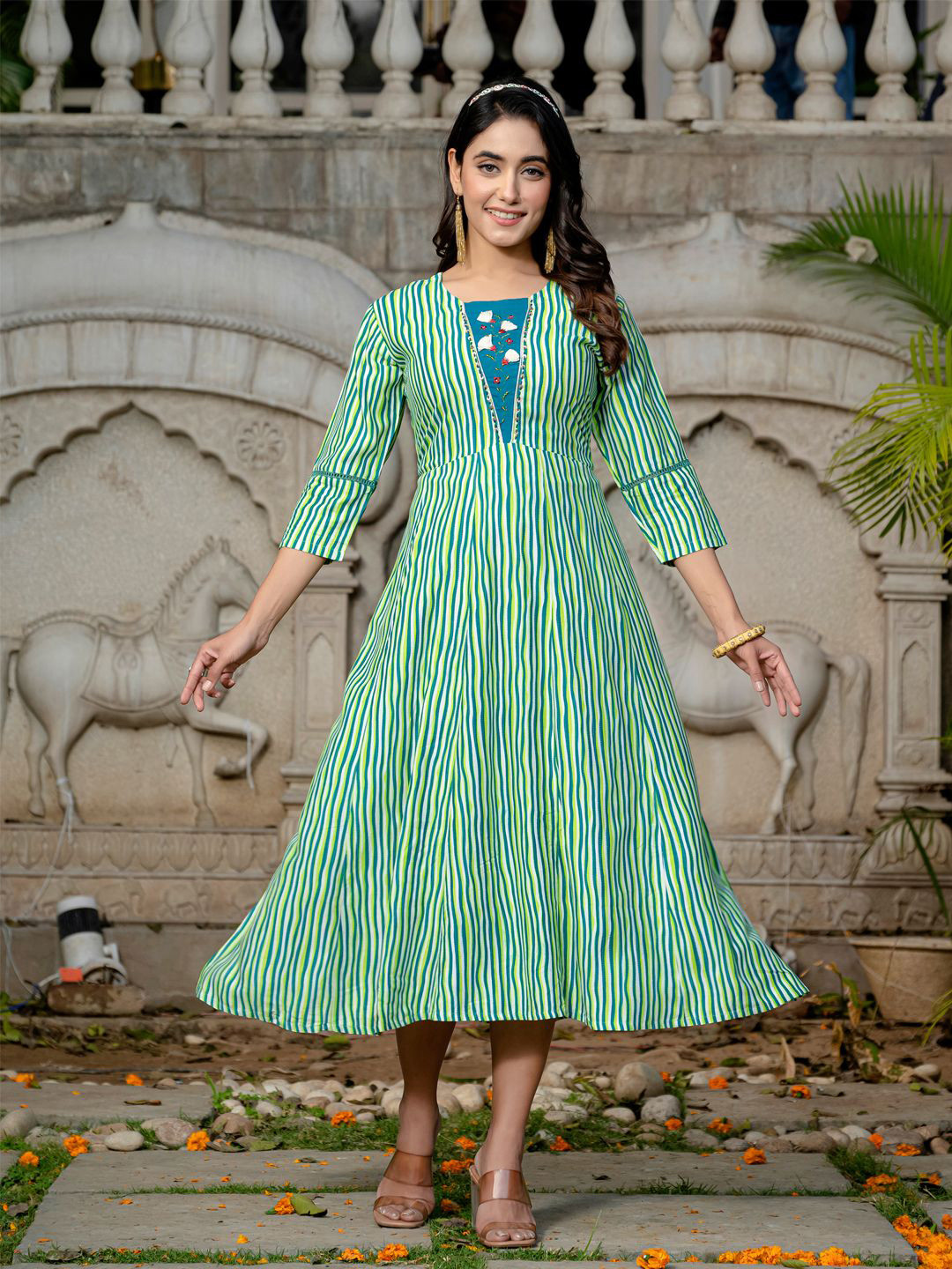 FANCYNINE Striped Fit & Flare Midi Dress