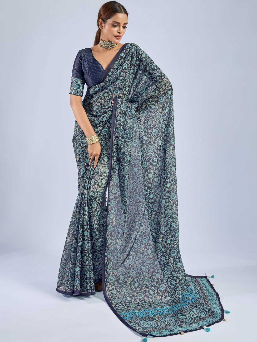 Sedora Couture Ajrak Block Printed Sequinned Saree
