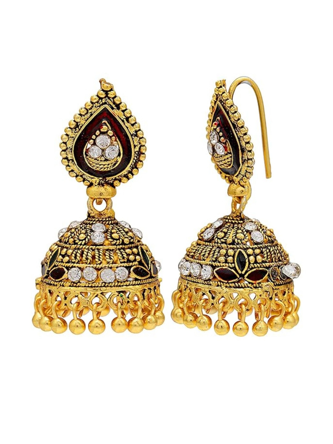 Gold Plated Red Meena Swiss Crystal Studded Medium Sized Jhumki