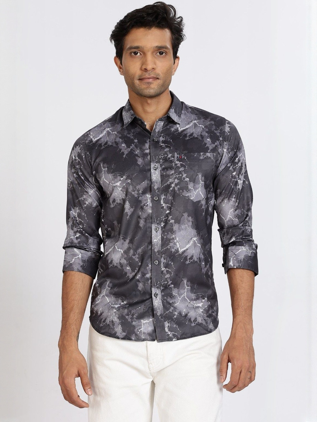 COOL COLORS Men Dark Grey Cotton Printed Full Sleeve Slim Fit Casual Shirts