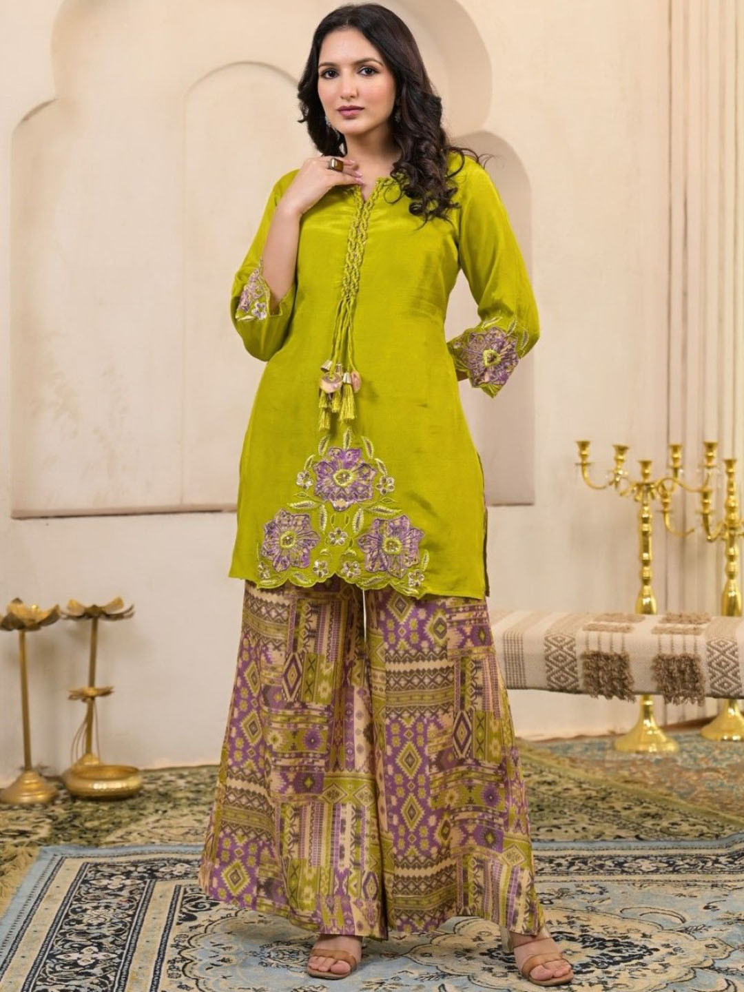 AUTUMN LANE Kara Basil Embroidered Linen Tunic With Palazzo Co-Ords