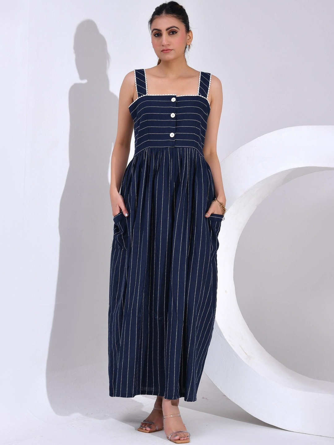 SIDDHO HUM Striped Cotton Fit and Flare Maxi Dress