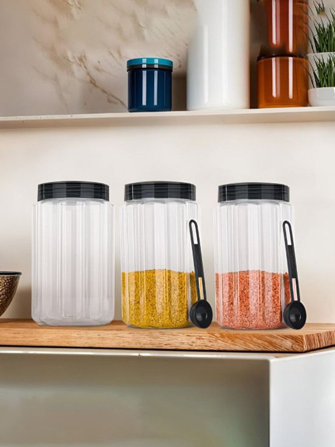 Kuber Industries Grey & Black 3 Pieces Dishwasher Safe Jar Containers-1.8 L