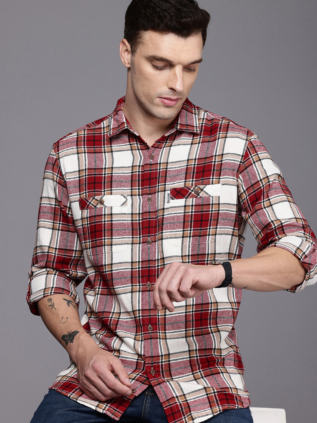 Louis Philippe Jeans Pure Cotton Slim Fit Roll-Up Sleeves Tartan Checks Twill Casual Shirt