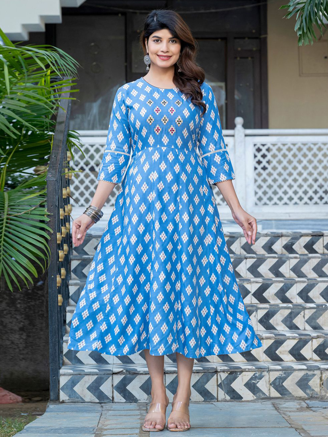 FANCYNINE Women Ethnic Motifs Embroidered Kalamkari Daily Cotton Anarkali Kurta