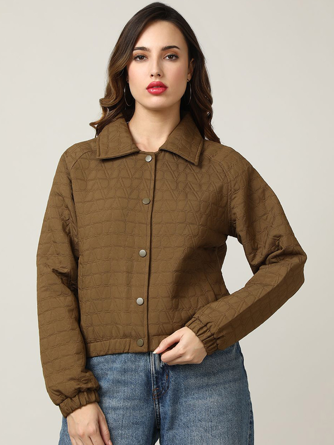 Fort Collins Women Spread Collar Self Design Quilted Jacket