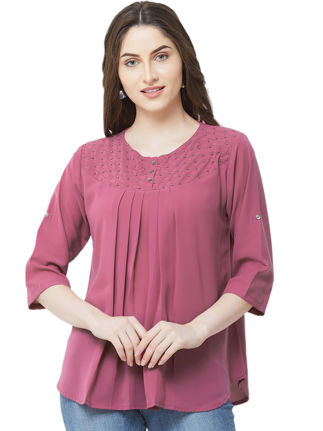 G0-4 IT Embellished Gathered or Pleated  Regular Top With Glass Beeds Work on Yoke