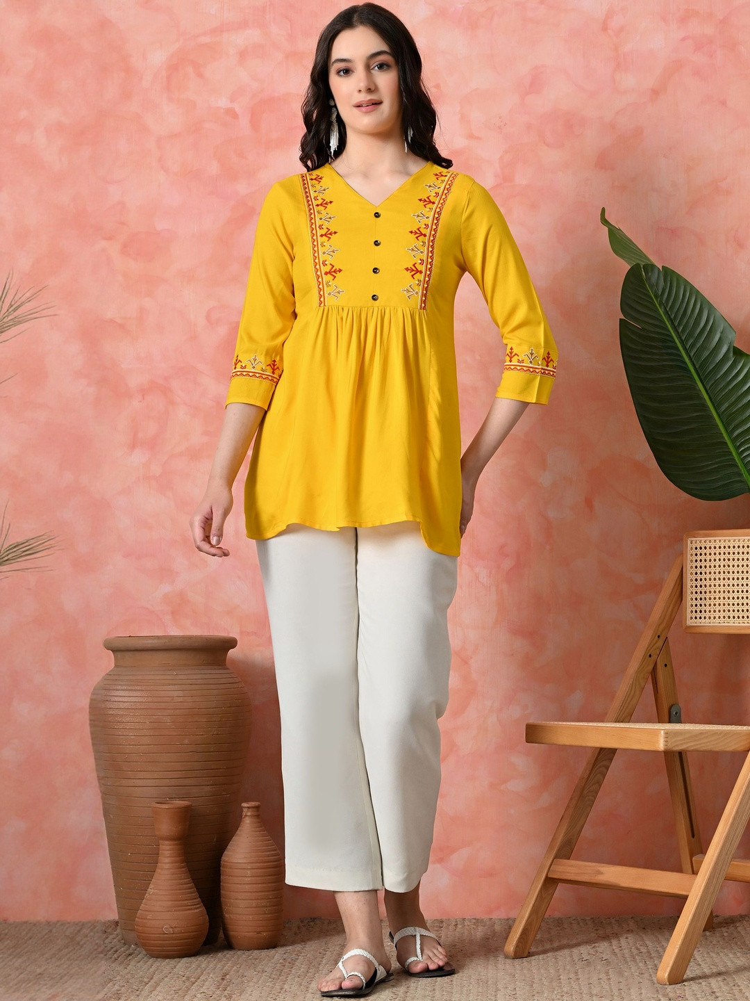 EMICA Women Rayon Yellow Embroidered V-Neck Short Kurti